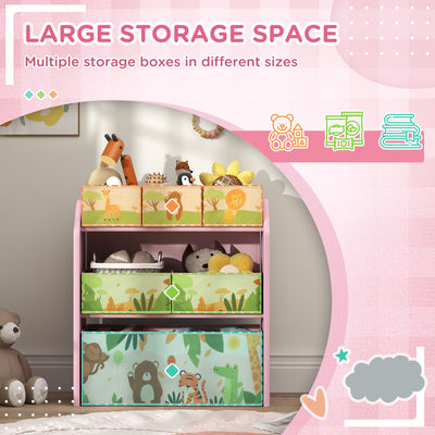 AIYAPLAY 3-Tier Kids Toy Storage Unit with 6 Removable Storage Boxes, for Playroom, Bedroom, Children's Room, Nursery, Pink 