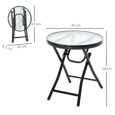 Outsunny Foldable Garden Table, Round Folding Table with Glass Tabletop and Safety Buckle for Patio, Garden, Outdoor, Indoor, Black 