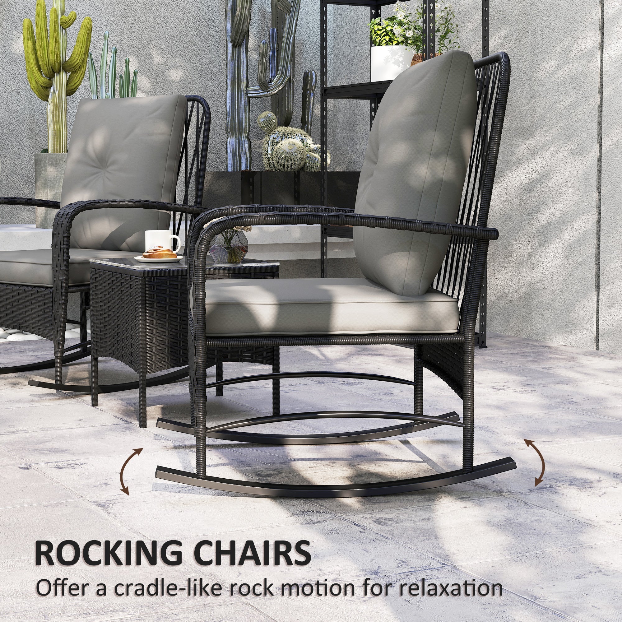 Outsunny Three-Piece Rocking Chair Rattan Bistro Set - Black 