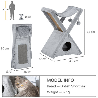 PawHut Two Tier Cat Tree for Indoor Cats Play Rest Activity Tower Plush Folding Relax Center w/ Scratching Post Hammock Pom Poms Grey 