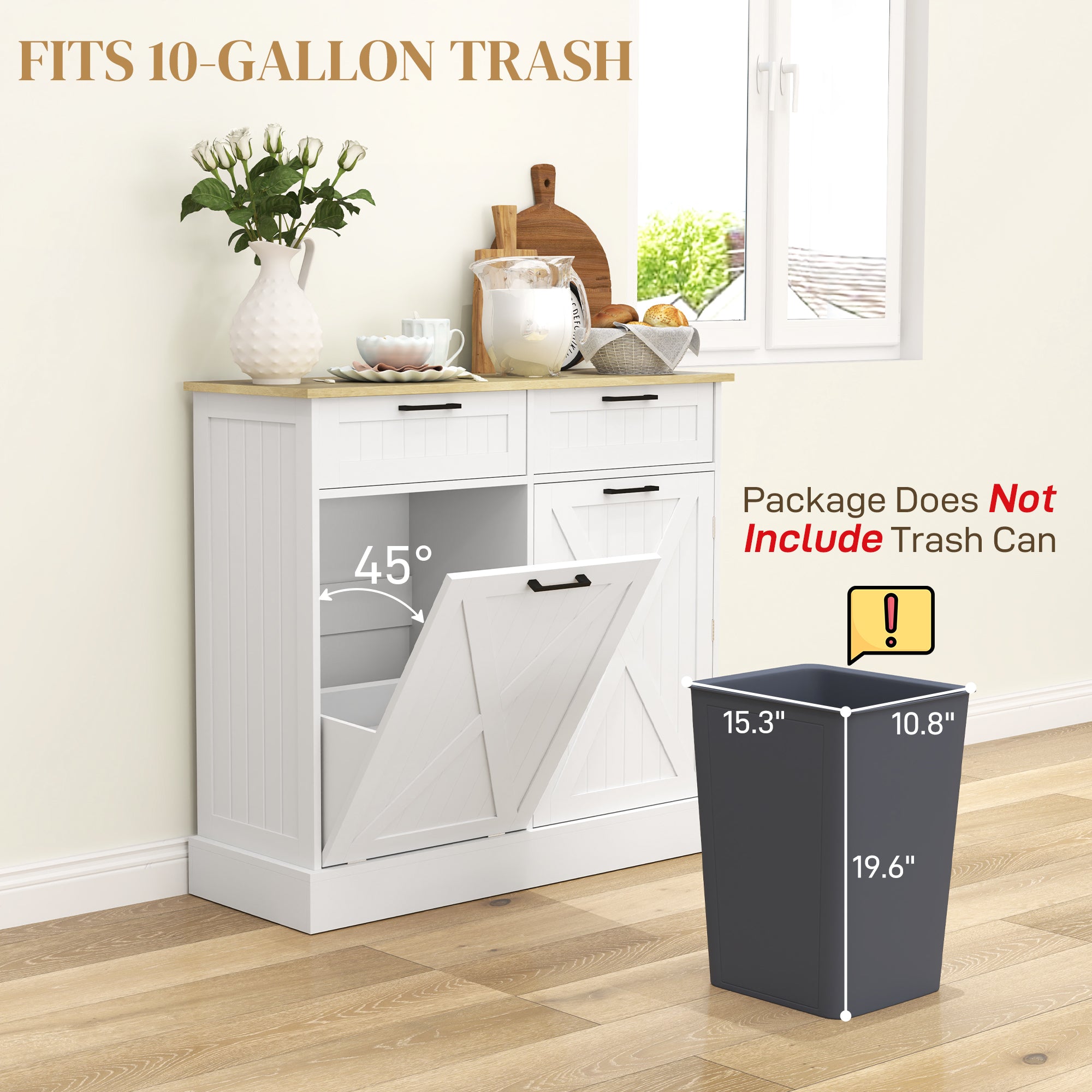 HOMCOM Sideboard with Tilt-out Trash Bin, Farmhouse Kitchen Sideboard with 2 Drawers, Adjustable Shelves, Door Racks, White 