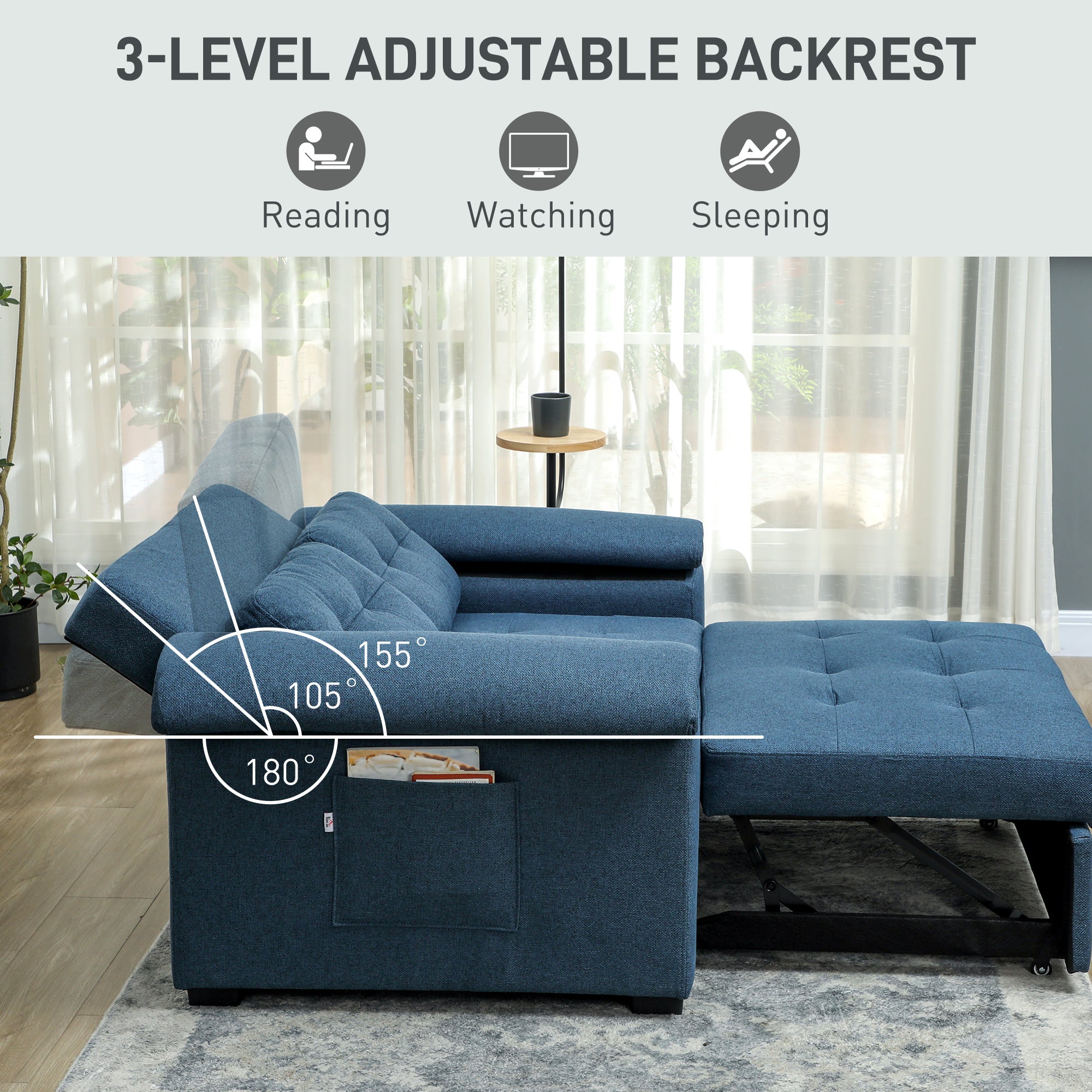 HOMCOM Pull Out Sofa Bed with 2 Pocket Springs, Fabric 2 Seater Click Clack Sofa Bed Settee, Convertible Sofa Couch with Pillows and Side Pockets for Living Room, Home Office, Blue 