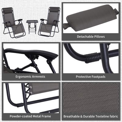 Outsunny 3pcs Folding Zero Gravity Chairs Sun Lounger Table Set w/ Cup Holders Reclining Garden Yard Pool, Dark Grey 