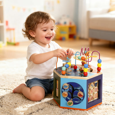 AIYAPLAY Wooden Activity Cube, Baby Toys with Bead Maze, Pattern Sorter for Toddlers Boys and Girls 18+ Months 