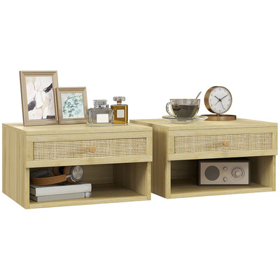 HOMCOM Set of Two Rattan Panel Floating Bedside Tables - Wood-Effect 