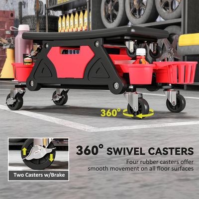 HOMCOM Rolling Mechanic Stool, 135kg Capacity Workshop Stool with 360° Swivel Wheels, Roller Creeper Seat with Slide Out Tool Trays, Drawer, Bottle Holders for Garage, Shop, Auto Repair, Red 