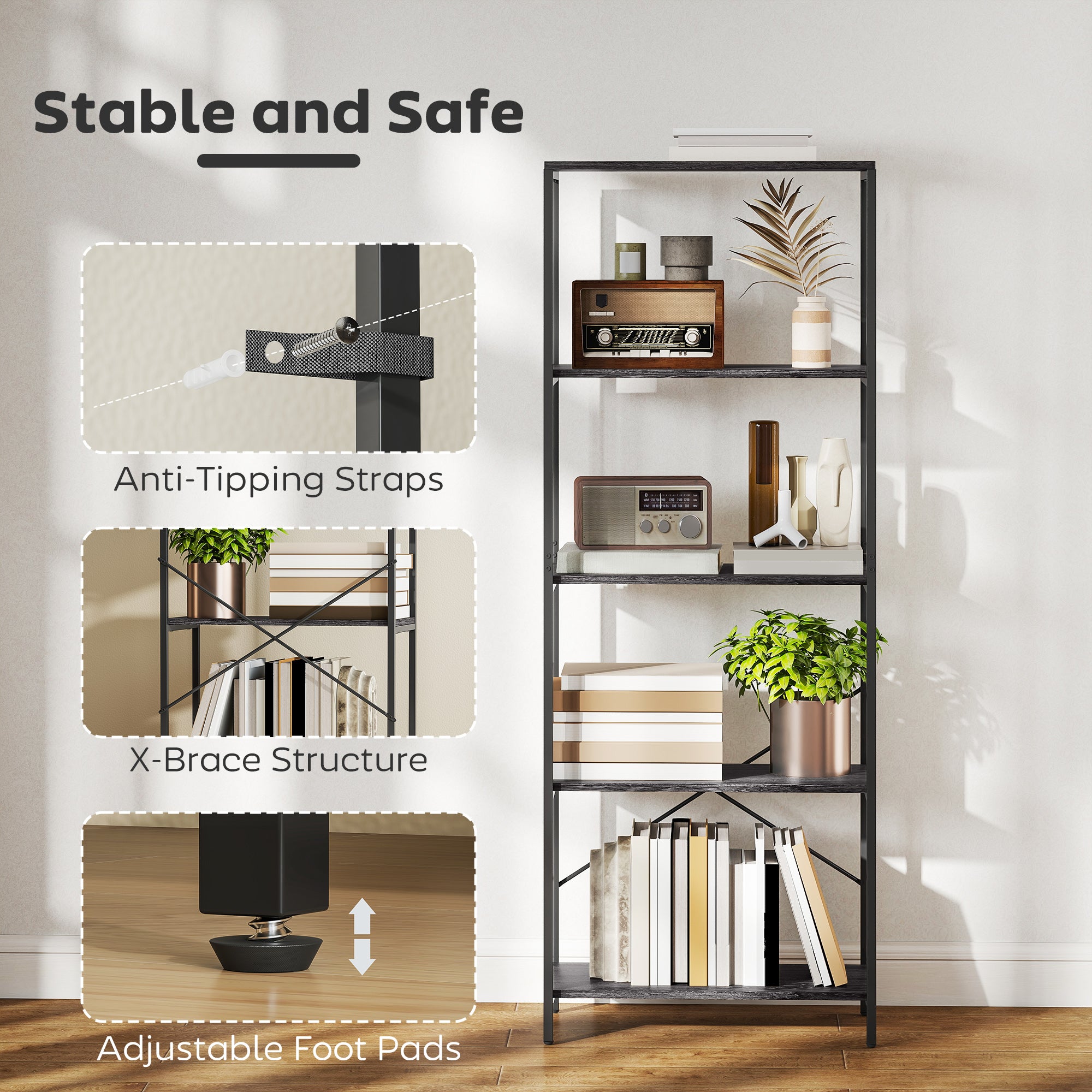 HOMCOM 5-Tier Bookshelf, Industrial Bookcase with Metal Frame - Dark Grey and Black 