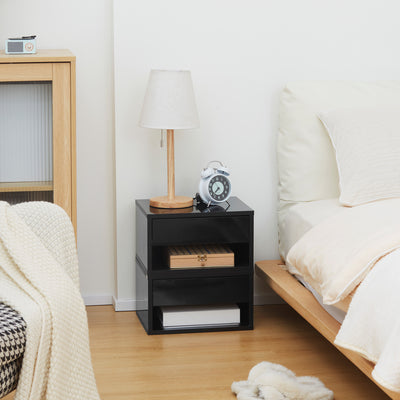 HOMCOM 2 Pieces Bedside Table Wall Mounted Nightstand with Drawer and Shelf for Bedroom, 37 x 32 x 21cm, High Gloss Black 