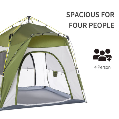 Outsunny 4 Person Automatic Camping Tent, Outdoor Pop Up Tent, Portable Backpacking Dome Shelter, Green 