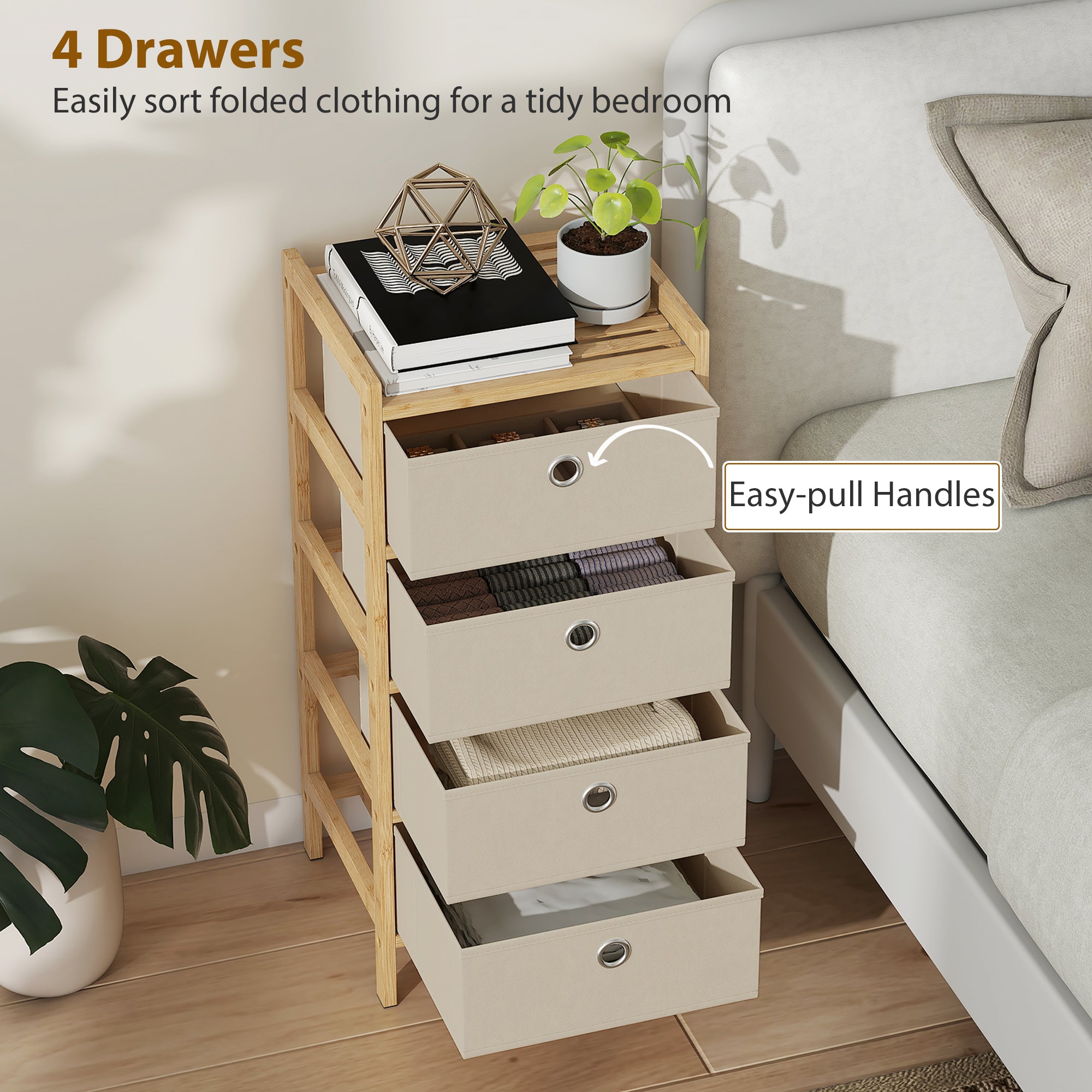HOMCOM Chest of Drawers, 4 Fabric Drawers Narrow Dresser with Bamboo Frame, Cream White 