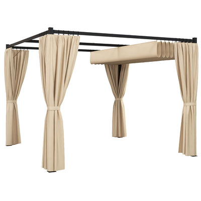 Outsunny 3 x 3(m) Retractable Pergola, Garden Gazebo Shelter with Curtains, for Grill, Patio, Deck, Beige 