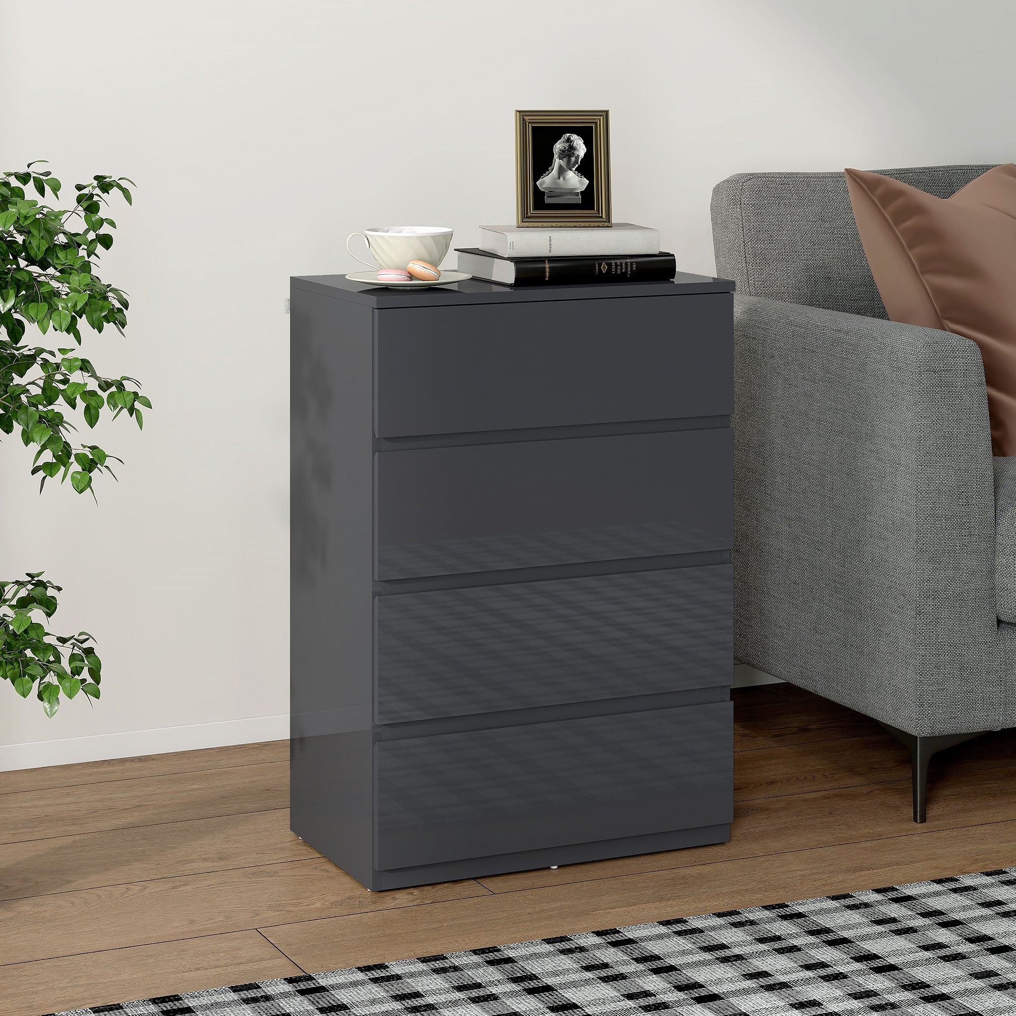 HOMCOM High Gloss Chest of Drawers, 4-Drawer Storage Cabinets, Modern Dresser for Bedroom, Grey 