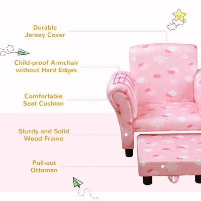HOMCOM Toddler Chair Children's Armchairs Wood Frame w/ Footrest Anti-Slip Legs High Back Arms for Bedroom Playroom Cute Cloud Star Pink 