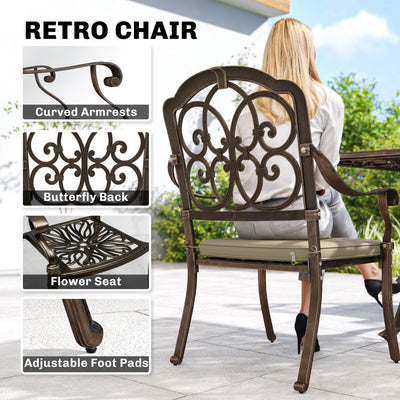 Outsunny 9 Piece Cast Aluminium Garden Dining Set, Garden Table and Chairs Set with Cushions, Parasol Hole for Patio, Bronze Tone 