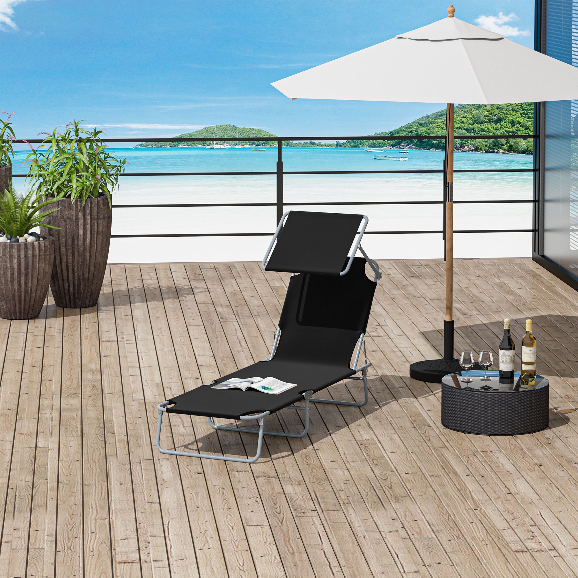 Outsunny Outdoor Foldable Sun Lounger, 4 Level Adjustable Backrest Reclining Sun Lounger Chair with Angle Adjust Sun Shade Awning for Beach, Garden, Patio, Black 