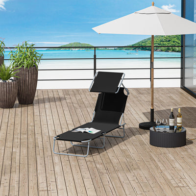 Outsunny Outdoor Foldable Sun Lounger, 4 Level Adjustable Backrest Reclining Sun Lounger Chair with Angle Adjust Sun Shade Awning for Beach, Garden, Patio, Black 