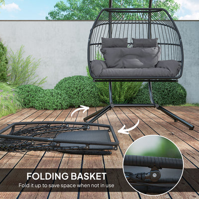Outsunny Rattan Double Hanging Egg Chair with Stand, Foldable Wicker Swing Egg Chair with Cushion, Head Pillows, Steel Frame, Hammock Chair for Indoor Outdoor, Capacity 260 kg, Dark Grey 