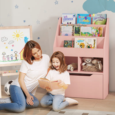 HOMCOM Kids Bookshelf, Toy Organiser, with Storage Drawer, Wheels - Pink 