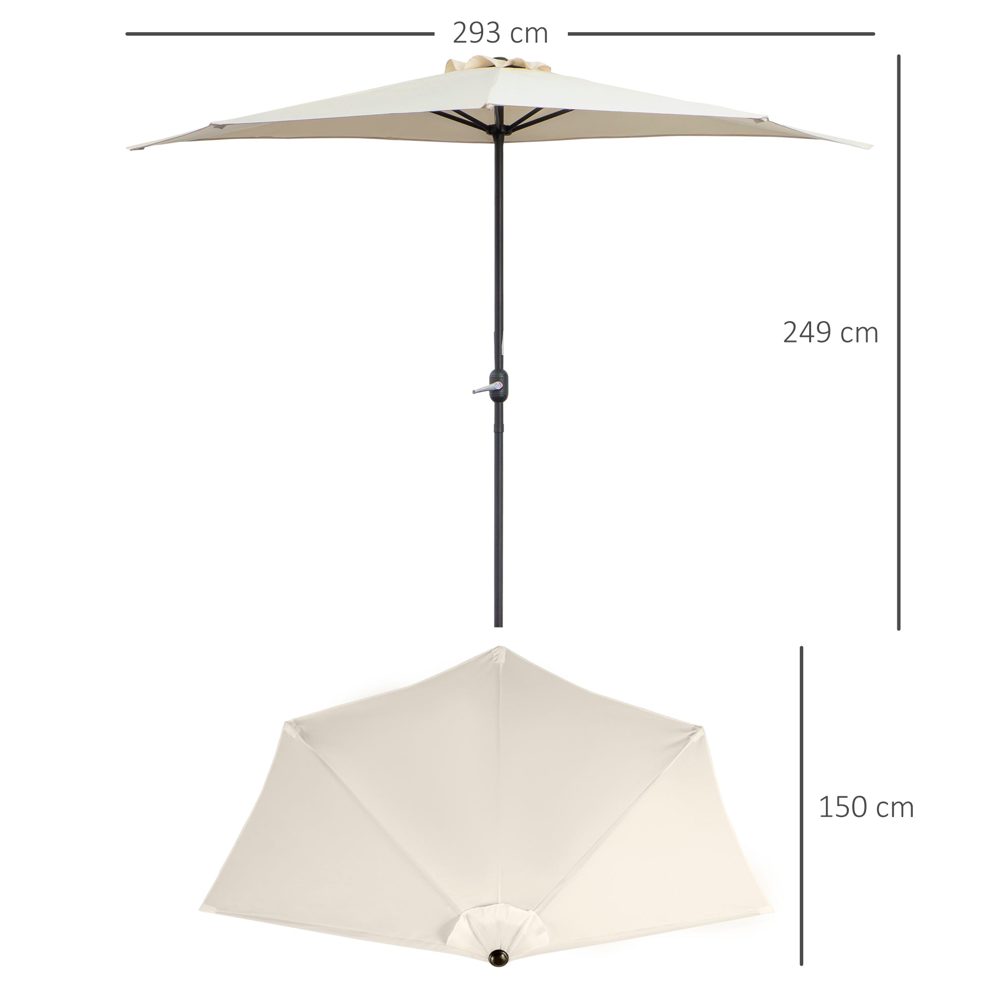 Outsunny 3(m) Half Parasol, Semi Round Umbrella with Metal Frame, Crank Handle for Balcony, Garden, Cream White 