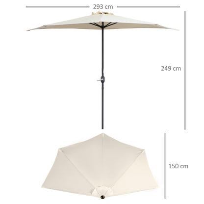 Outsunny 3(m) Half Parasol, Semi Round Umbrella with Metal Frame, Crank Handle for Balcony, Garden, Cream White 