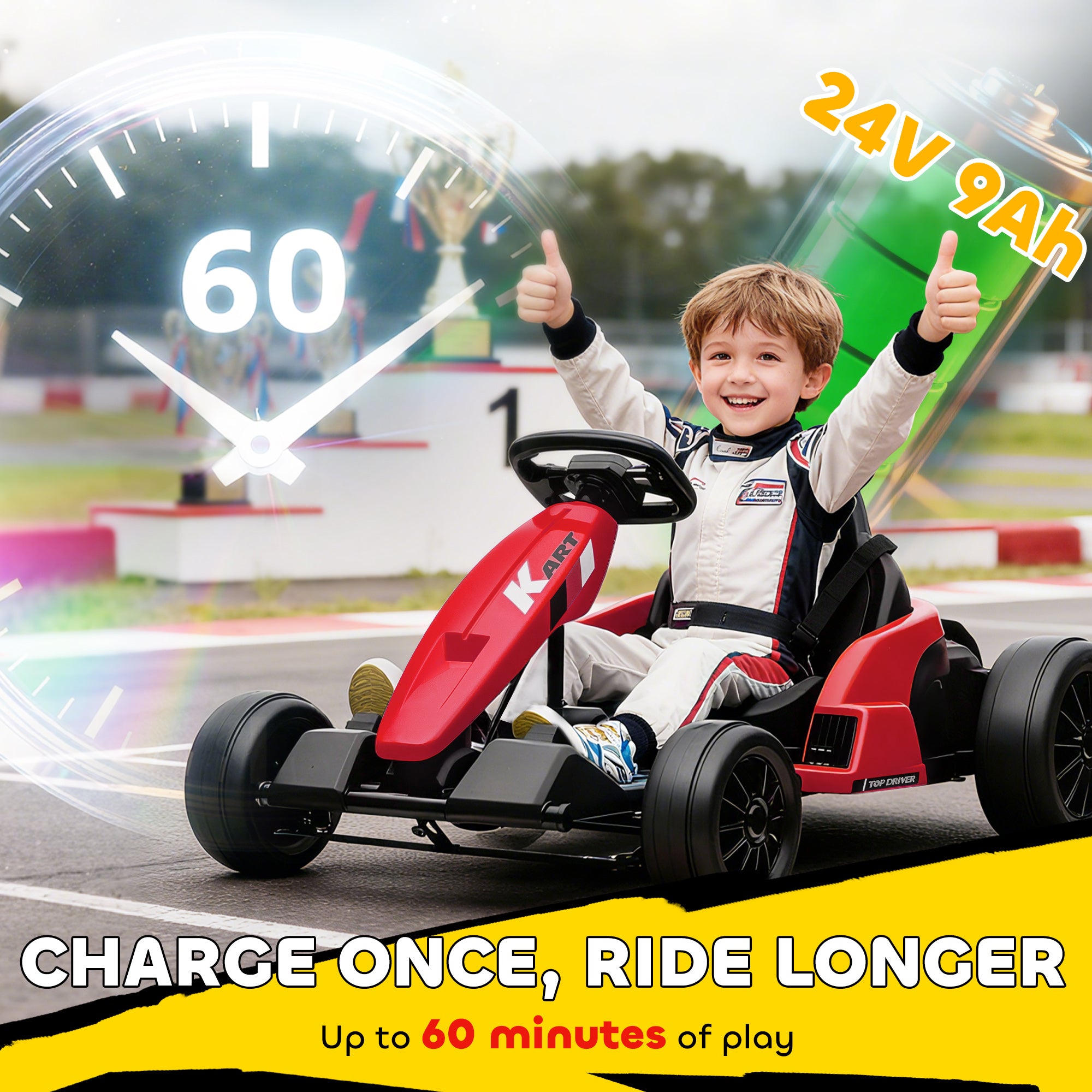 AIYAPLAY 24V Electric Go Kart, Drift Kart with Adjustable Seat, Slow Start, 5-Point Harness, Music, Horn, for 6-12 Years, Red 