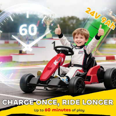 AIYAPLAY 24V Electric Go Kart, Drift Kart with Adjustable Seat, Slow Start, 5-Point Harness, Music, Horn, for 6-12 Years, Red 