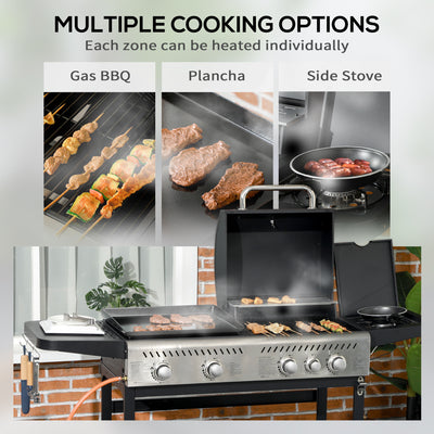 Outsunny 15kW Deluxe Duo Gas BBQ, with Grill, Plancha and Side Burner - Black 