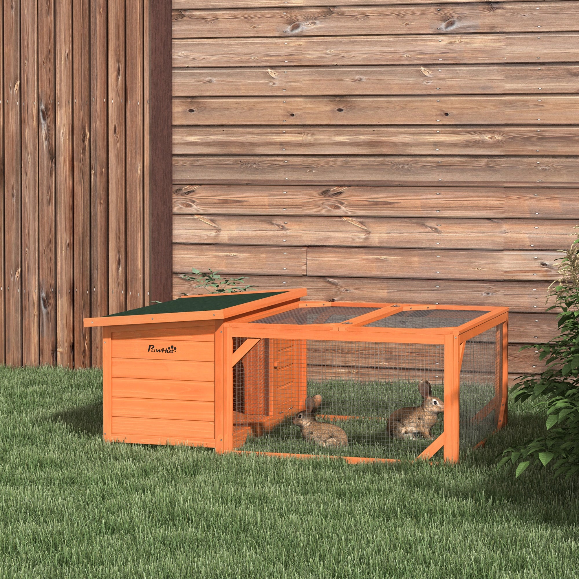 PawHut Rabbit Hutch Outdoor Guinea Pig Hutch with Run Small Animal Off-ground Duck House Hideaway Backyard with Openable Roof 125.5 x 100 x 49cm Orange 