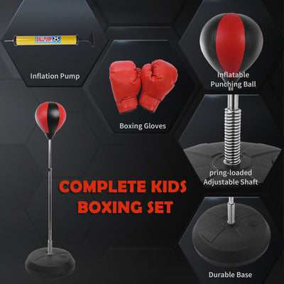 HOMCOM Training Boxing Punch Ball Set 125-145H x Φ43cm with Gloves Air Pump, 4-Position Adjustable Height Freestanding Boxing Speed Ball for Teenagers Exercise Training 