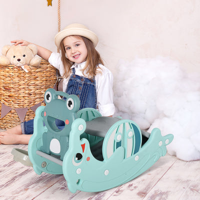 HOMCOM 3-in-1 Baby Rocking Horse Portable Slide Basketball Hoop Equipment Indoor Outdoor Playground Toy, Age 18-36 Months, Green 