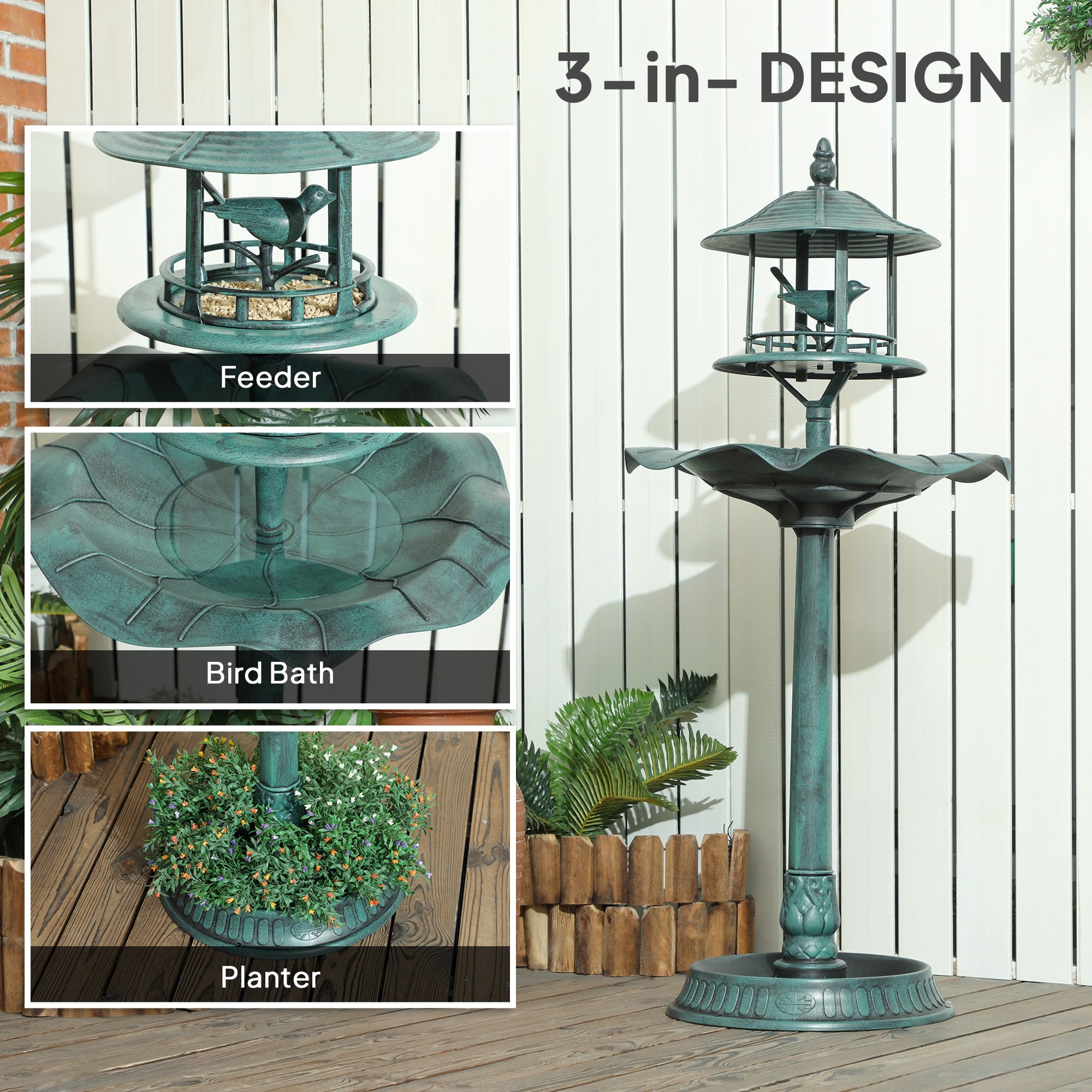 Outsunny 3-in-1 Garden Bird Bath, Freestanding Birdbath with Large Water Basin, Underneath Flower Planter, Φ50 x 113 cm, Green 