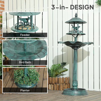 Outsunny 3-in-1 Garden Bird Bath, Freestanding Birdbath with Large Water Basin, Underneath Flower Planter, Φ50 x 113 cm, Green 