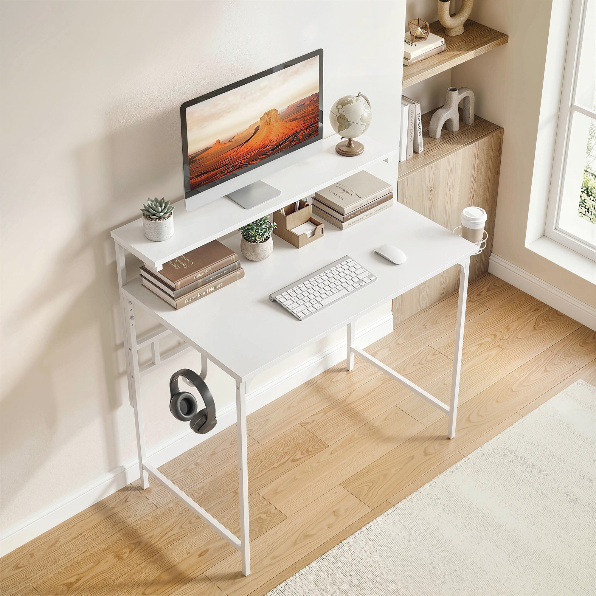 HOMCOM Computer Desk, 80cm Home Office Study Table with Hutch Shelf, Cup Holder, Headphone Hook, White 