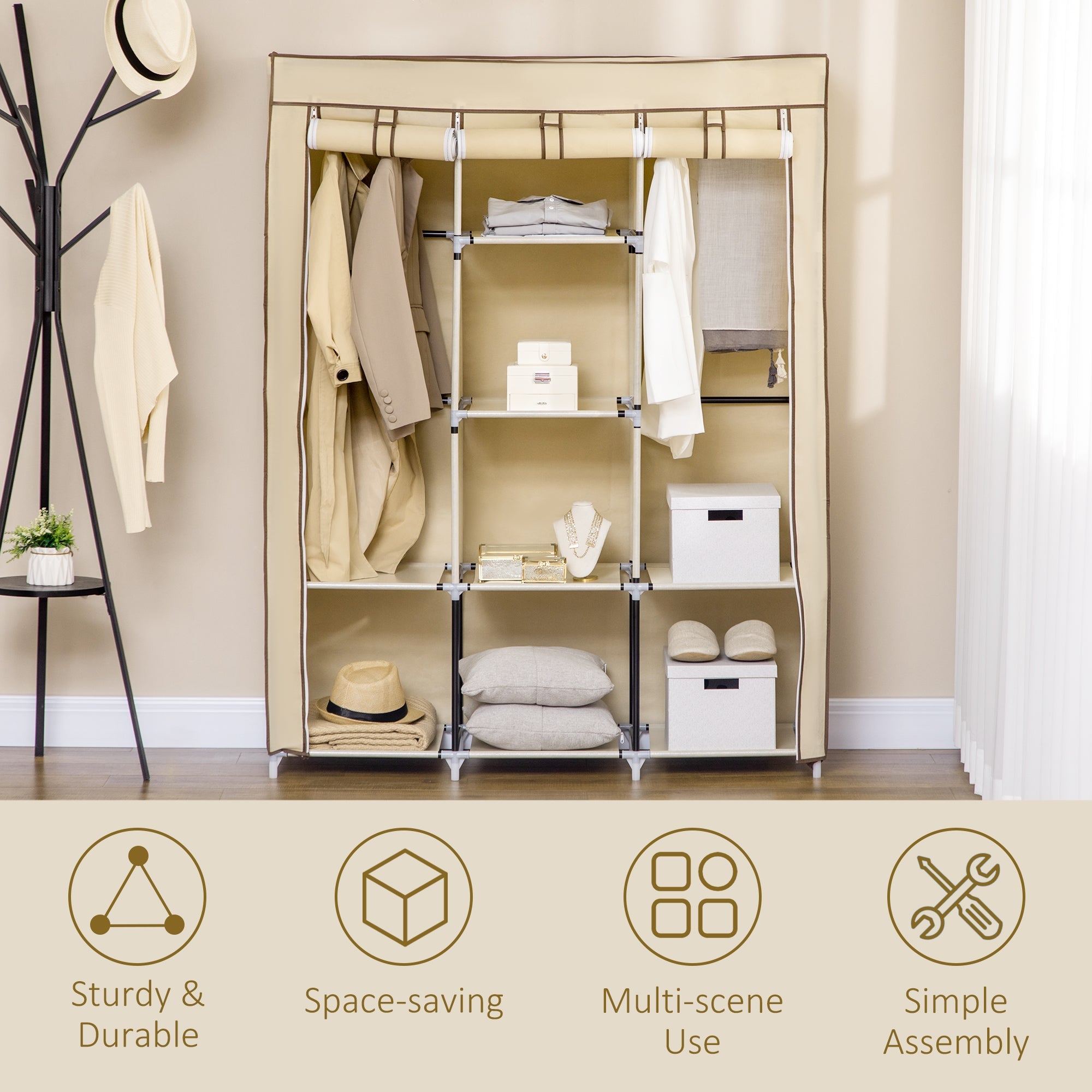 HOMCOM Fabric Wardrobe, Portable Wardrobe, Clothes Storage Unit with 8 Shelves, 2 Hanging Rods, 125 x 43 x 162.5 cm, Beige 