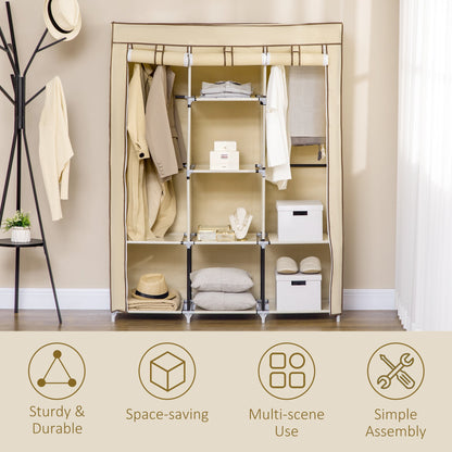 HOMCOM Fabric Wardrobe, Portable Wardrobe, Clothes Storage Unit with 8 Shelves, 2 Hanging Rods, 125 x 43 x 162.5 cm, Beige 
