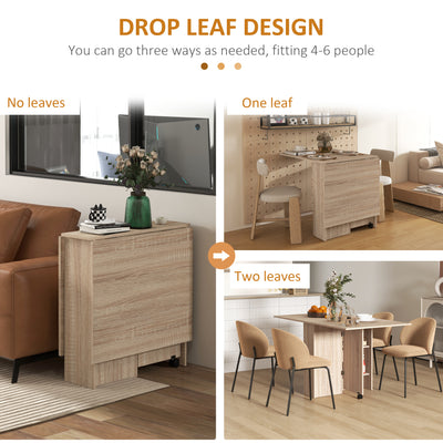 HOMCOM Folding Dining Table, Drop Leaf Table for Small Spaces with 2-tier Shelves, Small Kitchen Table with Rolling Casters, Natural 