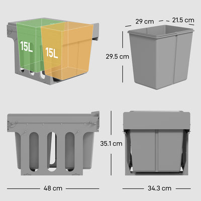 HOMCOM Pull Out Bin, Under Sink Bin - 2 Removable Compartments (15L Each) for 400mm Cabinets, Light Grey 