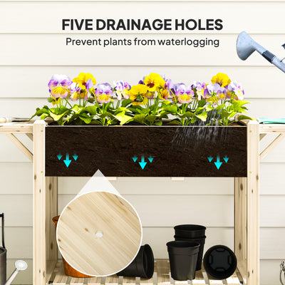 Outsunny Raised Garden Bed, Wooden Elevated Planter Box with Lockable Wheels, Side Tables and Bottom Shelf, Outdoor Planter with Liner and Drainage Holes for Vegetables, Flowers, Fruits, Natural 