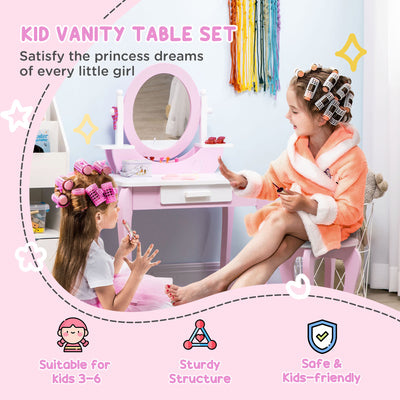 ZONEKIZ Kids Dressing Table Set, with Mirror, Stool, for Ages 3-6 Years - Pink 