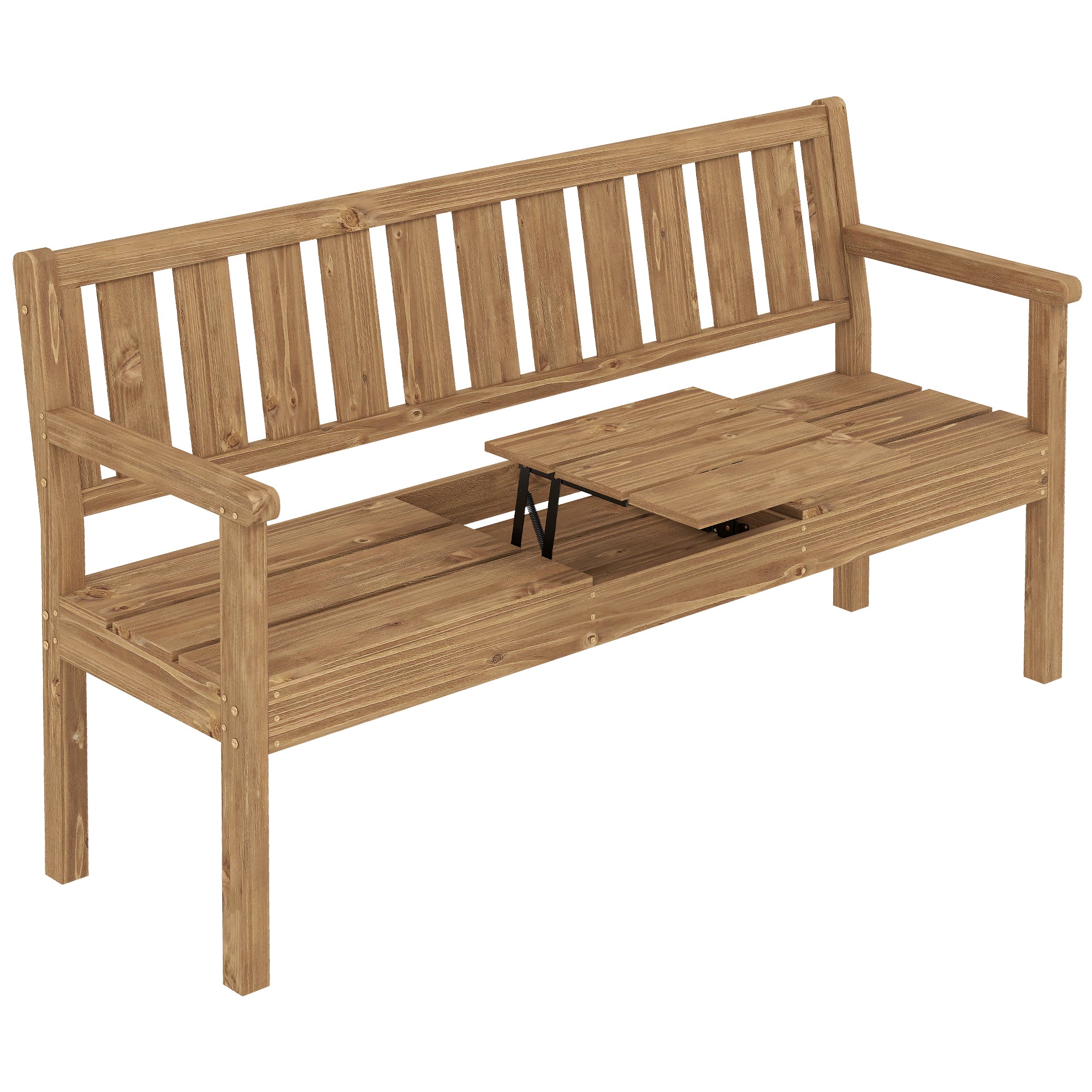 Outsunny Wooden Garden Bench with Liftable Table & Shelf, 2-3-Seater Outdoor Loveseat with Fir Wood Frame, Teak 