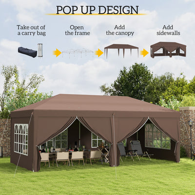 Outsunny 3 x 6 m Pop Up Gazebo with Sides and Windows, Height Adjustable Wedding Camping Party Tent Canopy Marquee with Storage Bag for Garden, Event, Brown 