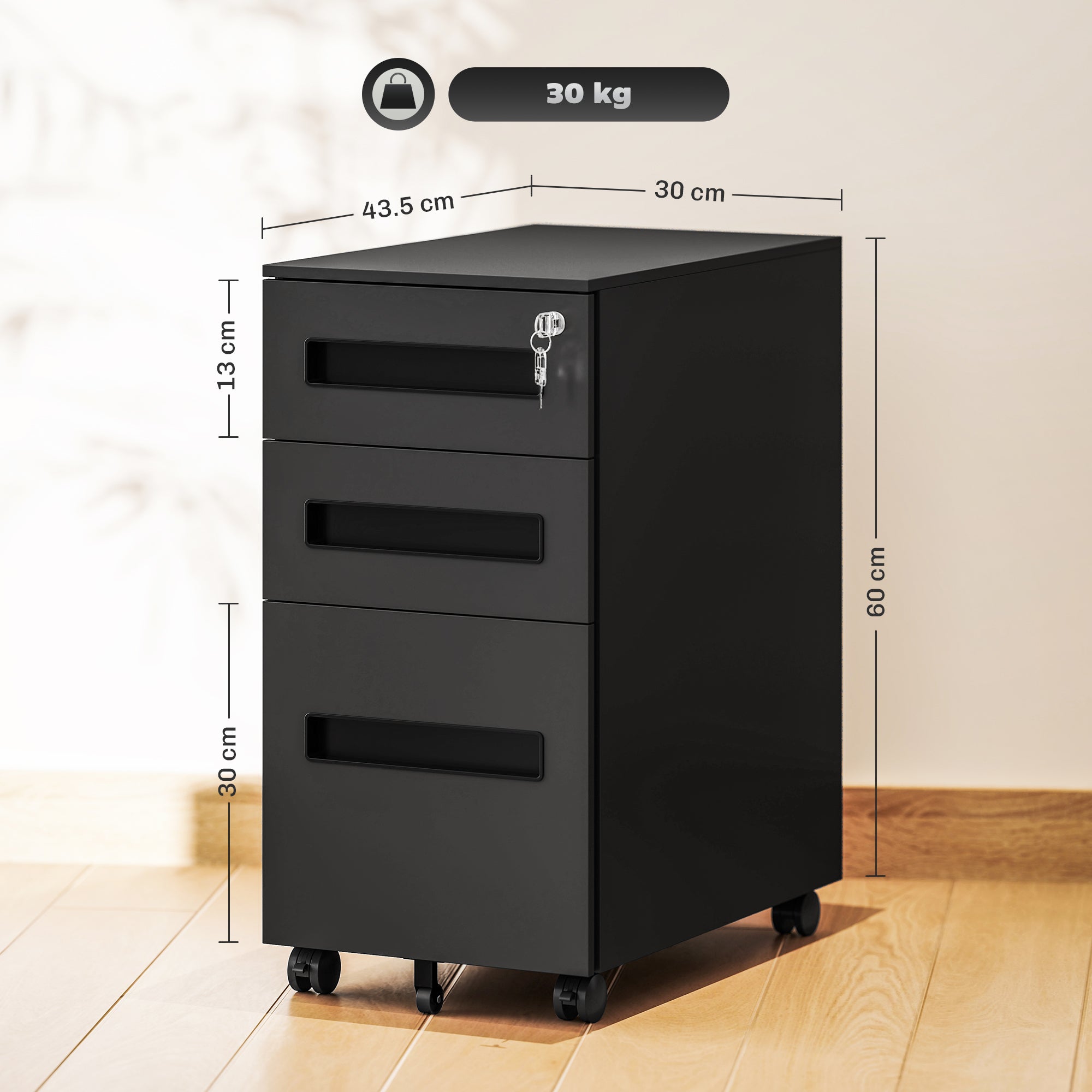 Vinsetto Metal Mobile File Cabinet with Wheels, Lockable 3 Drawer Filing Cabinet for A4, Legal, Letter, Compact Under Desk Storage Unit with Pre-Assembled Body for Home Office, 30 x 43.5 x 60cm, Black 