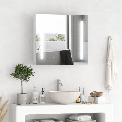 Illuminated Bathroom Mirror Cabinet 650 x 700Hmm LED Bathroom Mirror with Lights Touch Switch, Adjustable Shelf,  USB Charge, White 