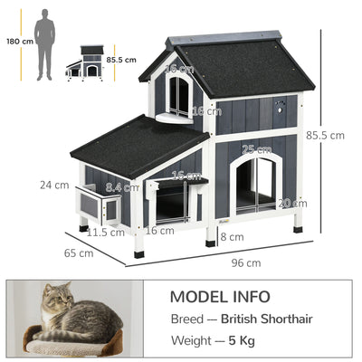 PawHut Wooden Cat House with Flower Pot, Windows, Multiple Entrances, Water-Resistant Roof for Outdoor - Grey 