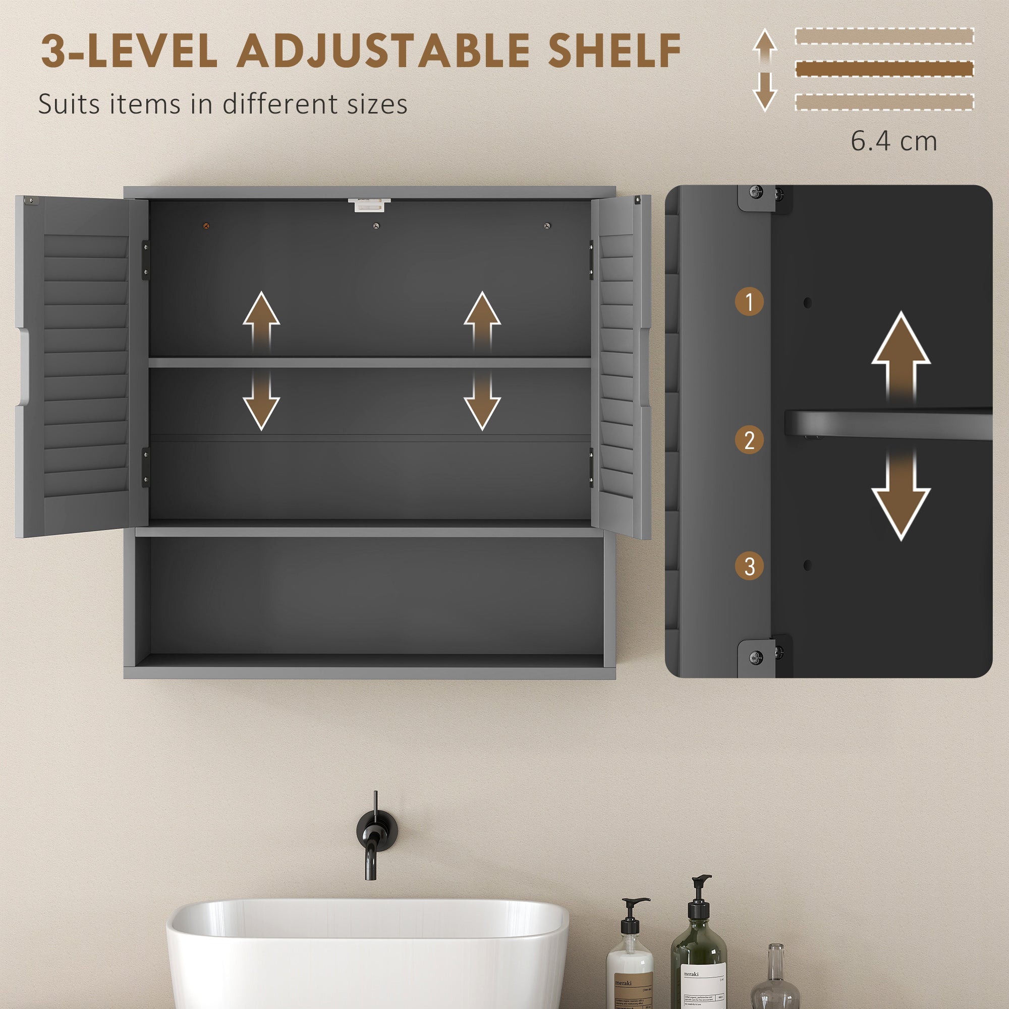 HOMCOM Bathroom Cabinet, Wall Mounted Storage Cabinet with Adjustable Shelves, 60 x 20 x 60 cm, Grey 