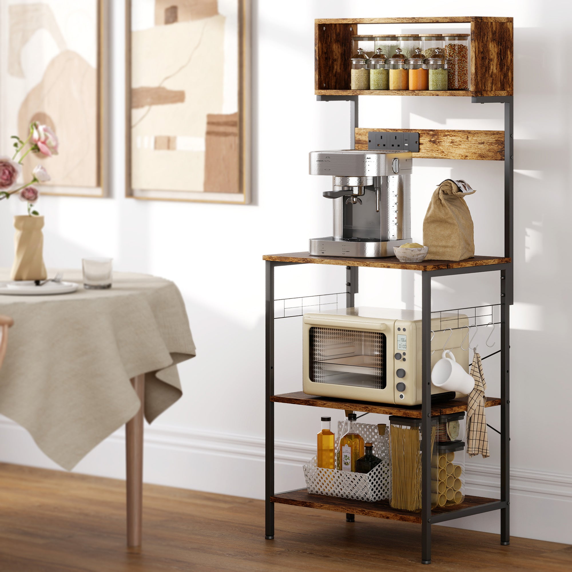 HOMCOM Kitchen Storage Rack, Bakers Rack with Power Outlet, USB Charger, Rustic Brown 