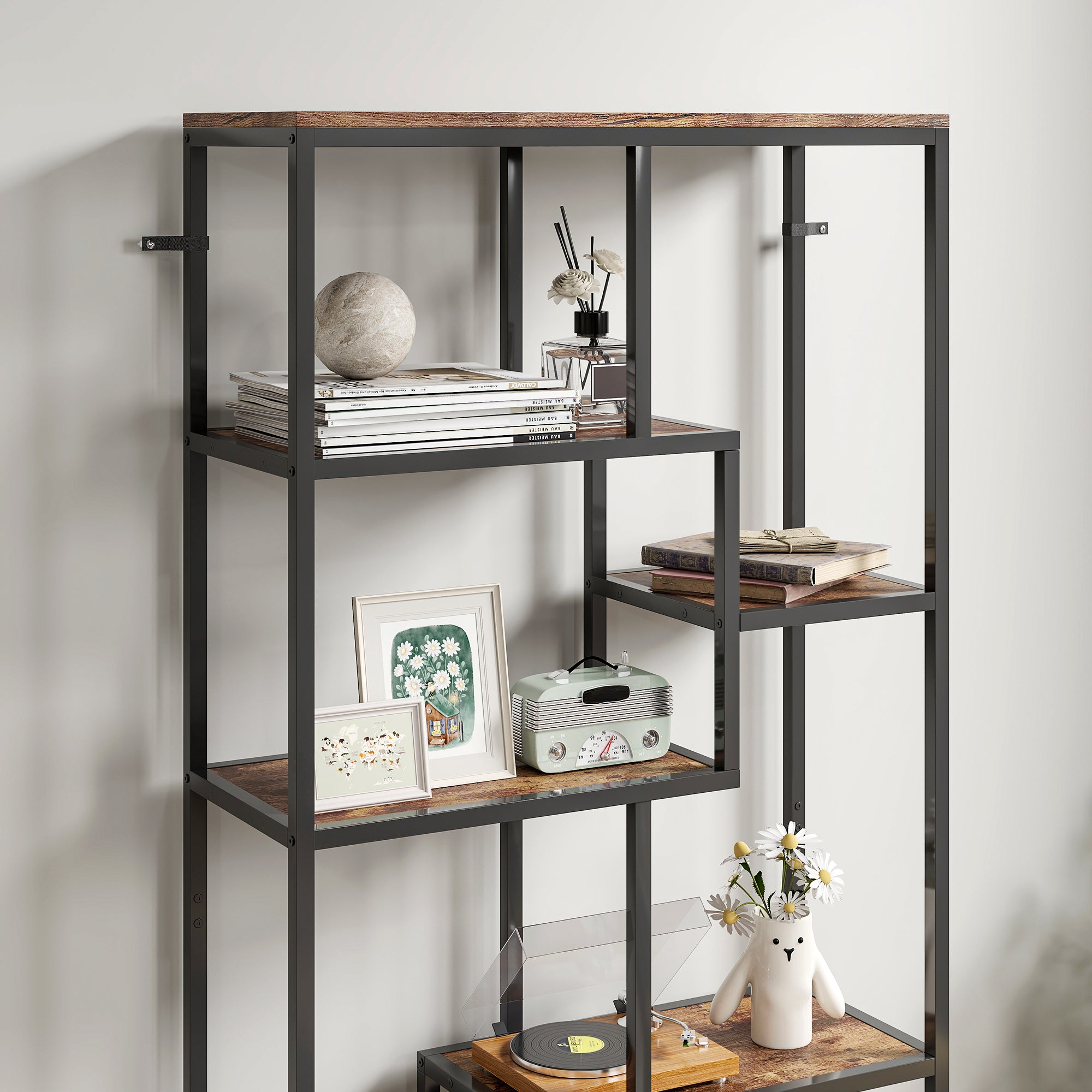 HOMCOM Seven-Tier Geometric Bookcase - Brown/Black 