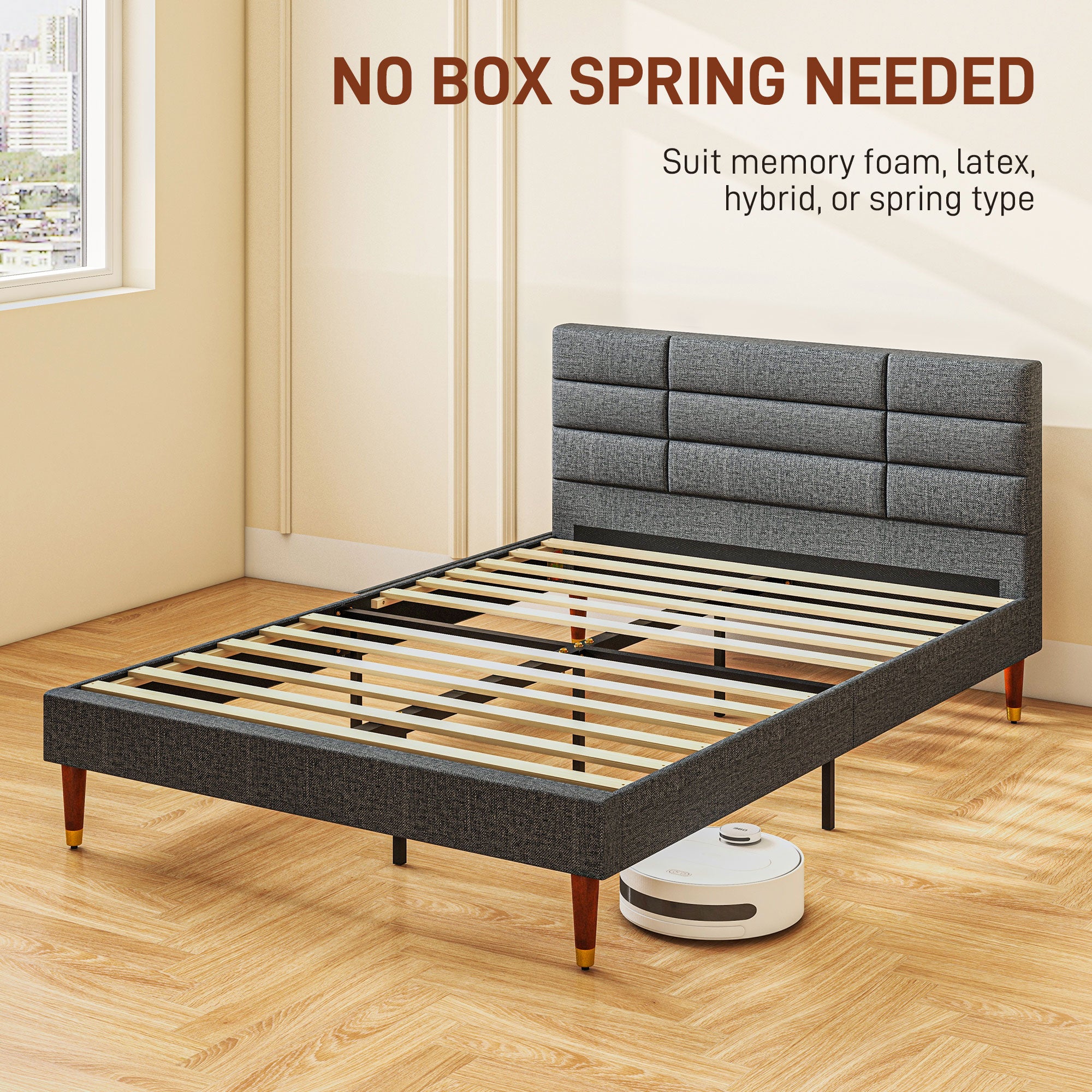 HOMCOM Upholstered Double Bed Frame, with Slats - Grey