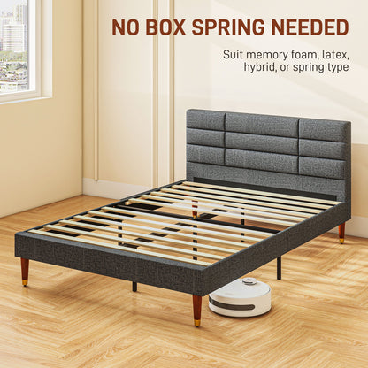 HOMCOM Upholstered Double Bed Frame, with Slats - Grey