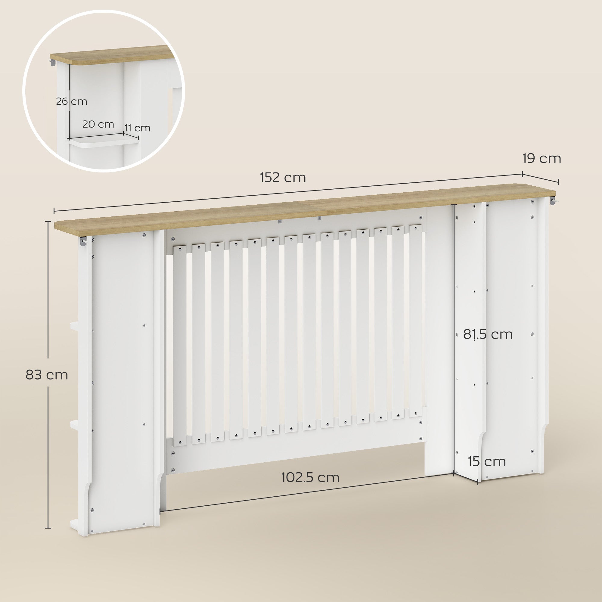 HOMCOM Radiator Cover with Open Storage Shelves, Vertical Slatted Cabinet Shelf Heater Cover for Living Room, Hallway, Large, White 